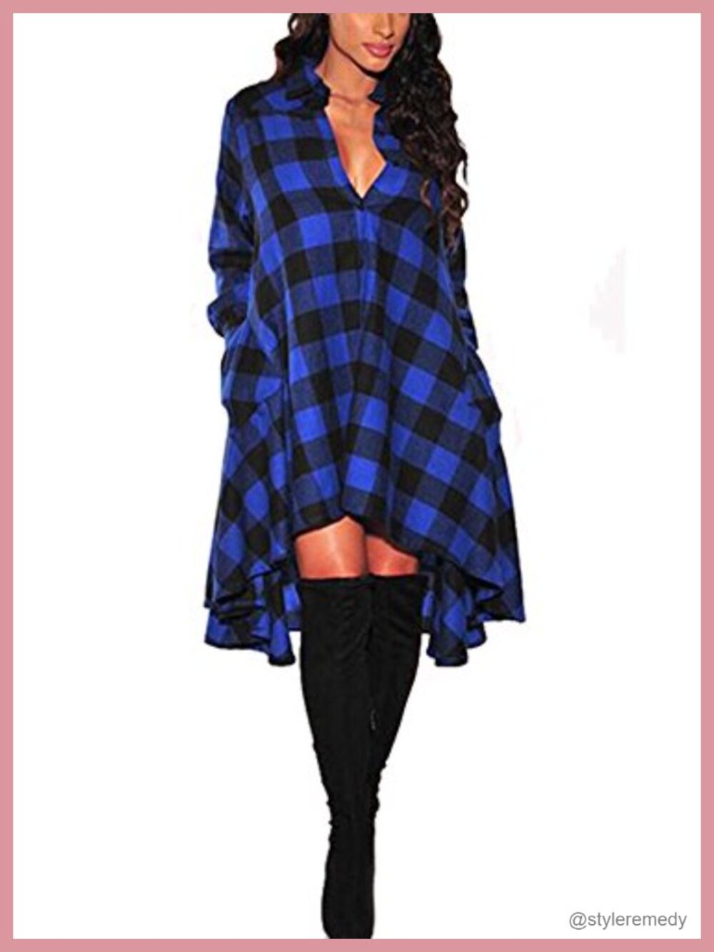 Plaid V-Neck Long Sleeve High Low Shirt Dress Casual